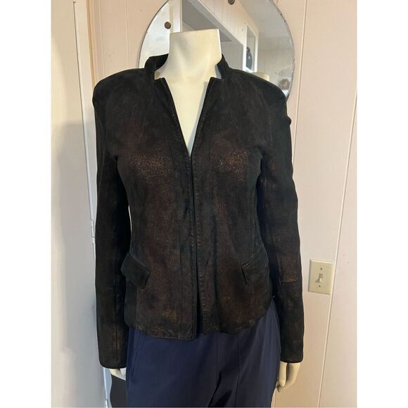 CK Calvin Klein Leather? Black & Gold Women’s Jacket w/Pockets Moto Style Size 6 - Picture 2 of 8